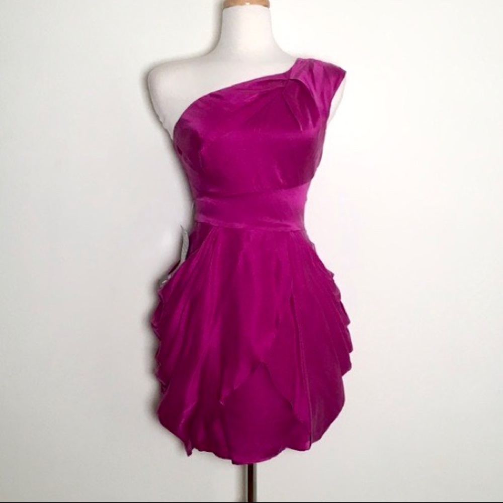 bebe Fuchsia Silk One Shoulder Cocktail Dress